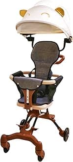 MomNess Luxury 3-in-1 Baby Stroller for 7 Months to 3 Years, Lightweight, Foldable, Chair, Safety Harness, Cushioned Seat, Ideal Toddler Trolley, Easy Travel, Carry on Plane, Air Travel (Biege Gold)