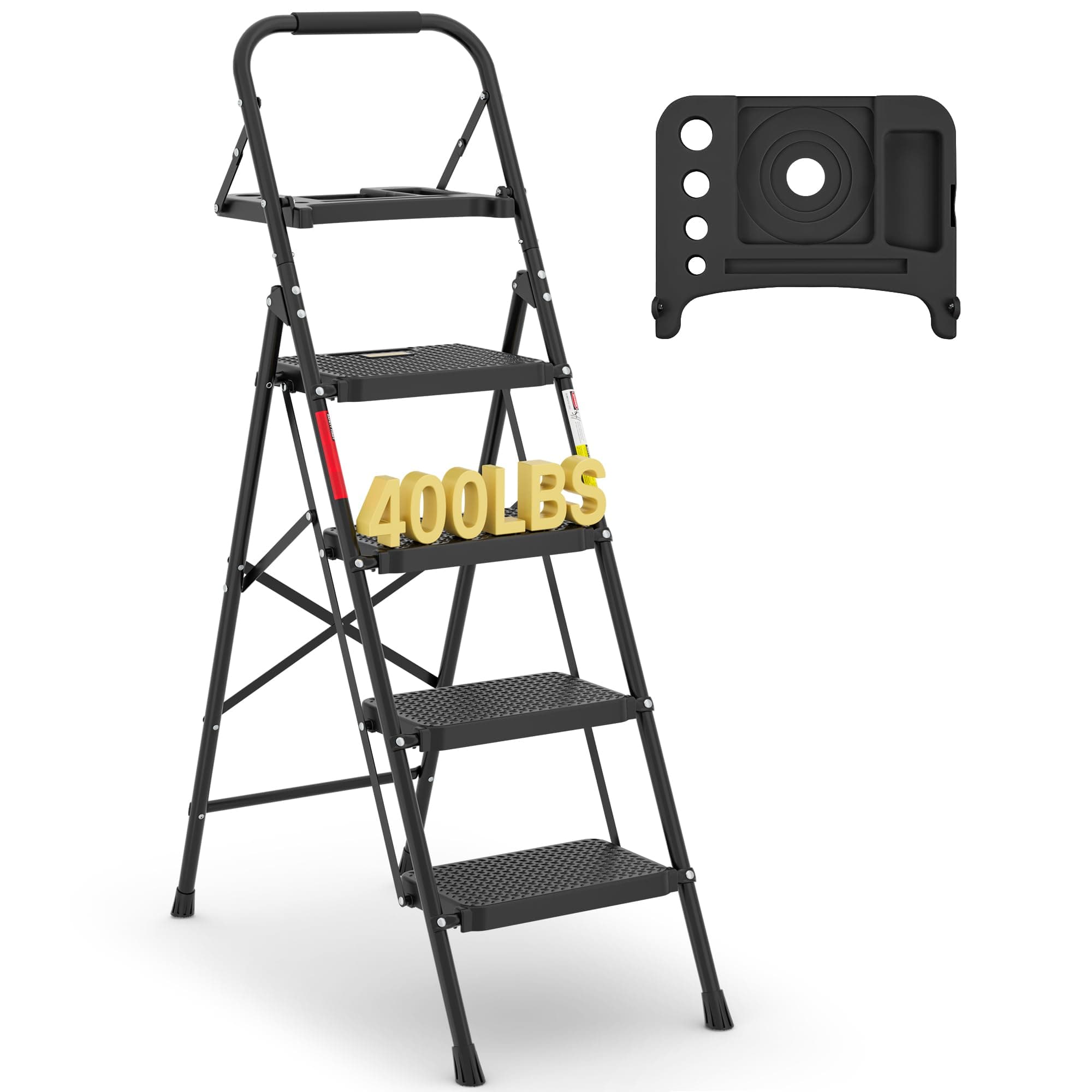 BONTEC 4-Step Ladder, 400lbs Max Load, Folding Step Stool with Tool Tray, Anti-Slip Pedals, Sturdy Steel, Lightweight Portable Ladder with Handrail for Home & Work Use, Black