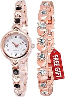 Premium Girl's Special Quality Different Heart Shape Bangle Analog Watch with Rose Gold Bracelet - Pack of 2, Rosegold/D-Black, Free, bracelet