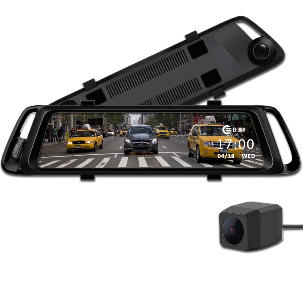 A10 9.88" Full Touch Screen HD Mirror Dash Camera, Dual Lens Reversing Backup Cam, Car DVR with FHD 1080P Front Cam and HD 720P Rear Cam, Super Night Vision, WDR, HDR, Zero Blind Area - Black
