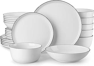 MALACASA 24 Piece Dinner Sets for 6 People, White and Black Rim Porcelain Crockery Set with Plates and Bowls, Premium Ceramic Dinnerware Sets, Microwave and Dishwasher Safe, Lexi Series