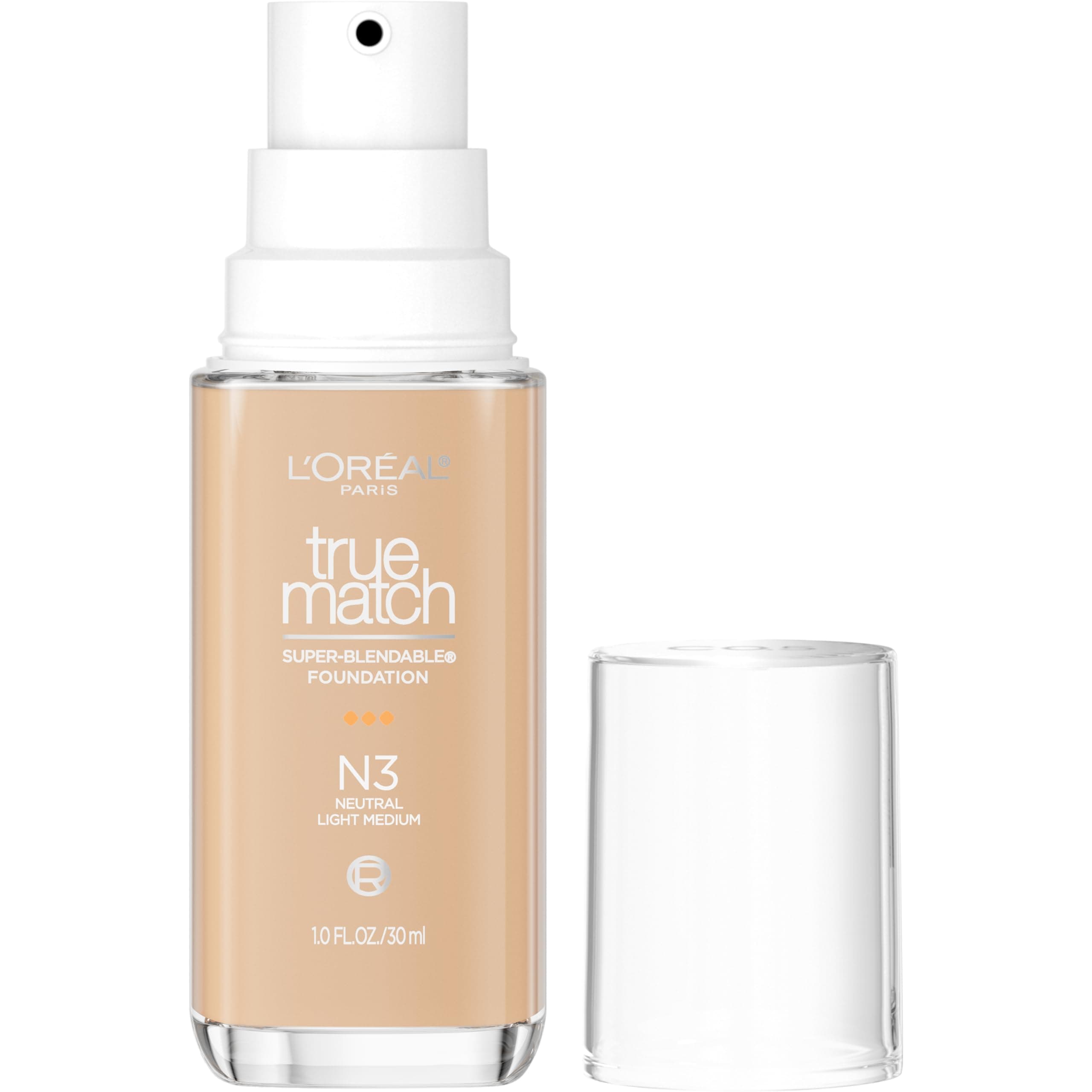 L'Oreal Paris True Match Super-Blendable Foundation, Medium Coverage Liquid Foundation Makeup with SPF 17, N3, Light Medium, 1 Fl Oz