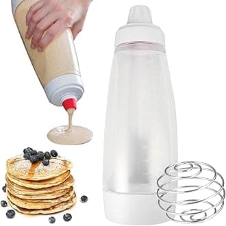 MARKQ [1000ml] Hand Pancake Batter Dispenser with Wire Whisk - Squeeze Bottle Shaker for Cupcakes, Crepes, Muffins & More