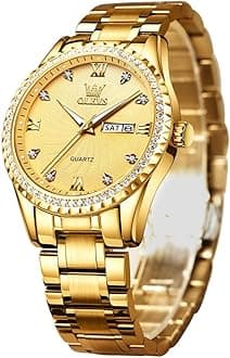 Men's Business Watch Gold Blue with Large Easy-Read Analog Quartz Date Display Luxury Stainless Steel Band Waterproof Luminous Hands