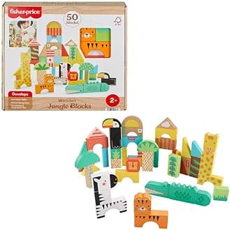 Wood Toddler Toy Jungle Blocks, 50-Piece Wooden Animal Building Set for Preschool Pretend Play Kids Ages 2+ Years