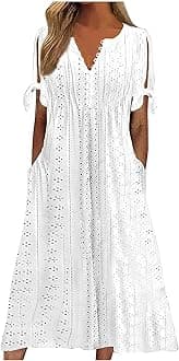 Elegant Summer Dresses for Women 2026 Trendy Tie Short Sleeve Button Down v Neck Eyelet Maxi Long Tshirt Dress