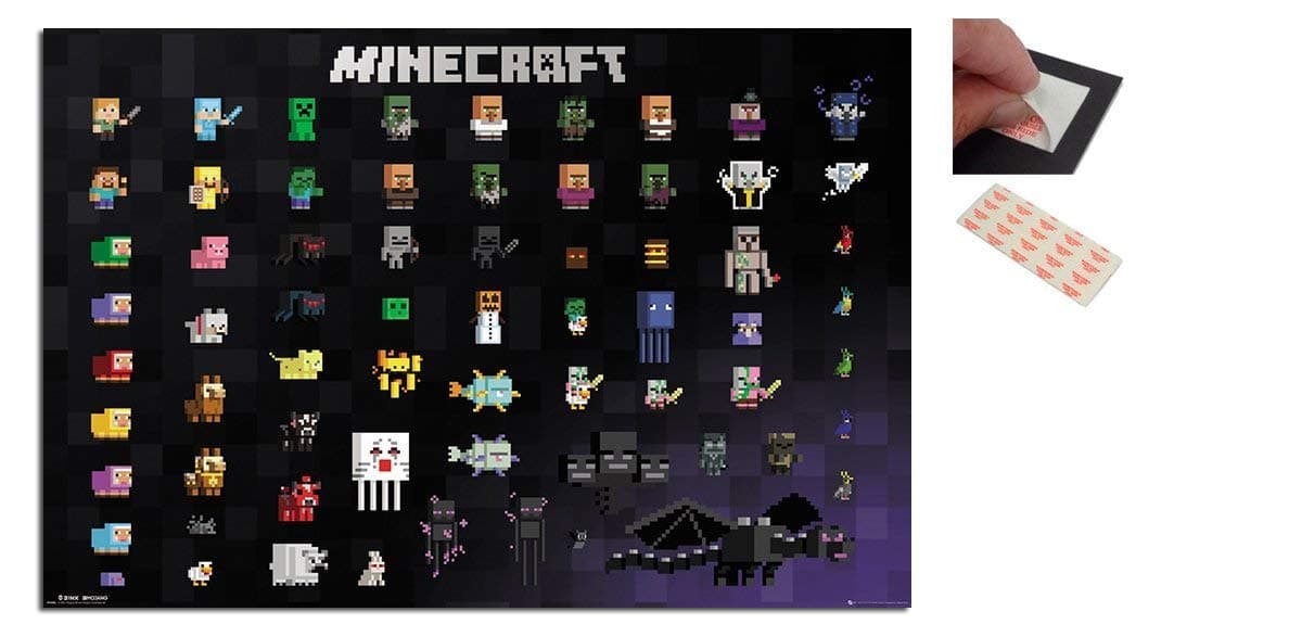 Bundle - 2 Items - Minecraft Pixel Sprites Poster - 91.5 x 61cms (36 x 24 Inches) and a Set of 4 Repositionable Adhesive Pads For Easy Wall Fixing