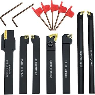 Indexable Lathe Turning Tool,1/2'' Shank 7 Pieces Carbide Turning Tool Set,Metal Lathe Tools Holder for Turning Grooving Threading with Tin Coated Carbide Inserts Turning Insert (B)