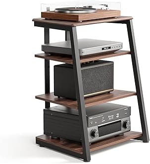 FITUEYES Design 4 Tier Record Player Stand Audio Rack Media HiFi Stand Record Holder Table with Height Adjustable Wooden Open Storage Shelf for Gaming Consoles/CD-Player/DAB+ Radio, Eiffel Series