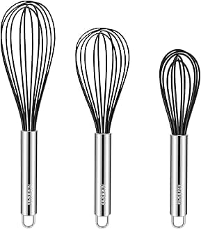 NileHome Whisk Commercial Whisks Stainless Steel & Silicone Non-Stick Coated Small Whisk Set 8" 10" 12" Kitchen Wisk Wire Whisks for Cooking 3 Pack, Black