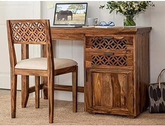 Jangid Handicraft Solid Sheesham Wood Study Table for Adults | Computer Table with Chair for Home | Wooden Writing Desk | Work from Home Table with 2 Drawers & 1 Door Cabinet Storage | Brown Finish
