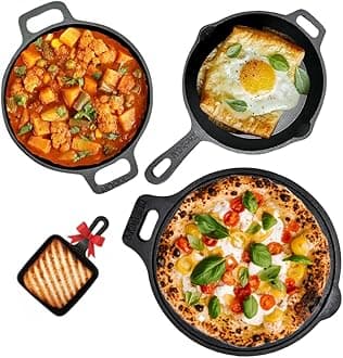 Premium Pre-Seasoned Cast Iron Cookware Set + Free Mini Grill Pan| Dosa Tawa (27 cm)+ Kadai (22cm 1.4L)+ FryPan (26 cm 1.5L) Kitchen Cooking Combo Pots & Pans Set of 4 Pcs|