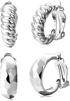 AllenCOCO 2 Pairs Hoop Earrings Clip On Earrings for Women Girls Hoop Earrings No Drilling White Gold No Gemstone White Gold No Gem, White Gold, No Gemstone