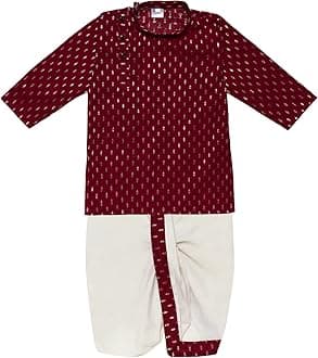 superminisBoy's Cotton Kurta with Dhoti - Golden Thread Work, Round Collar, Full Sleeves, Side Button Kurta Set for Ethnic Wear