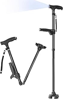 SUEH DESIGN Folding Walking Stick with LED Light for Men and Women, Adjustable Heights, Collapsible Elderly Walking Cane with Side Handle