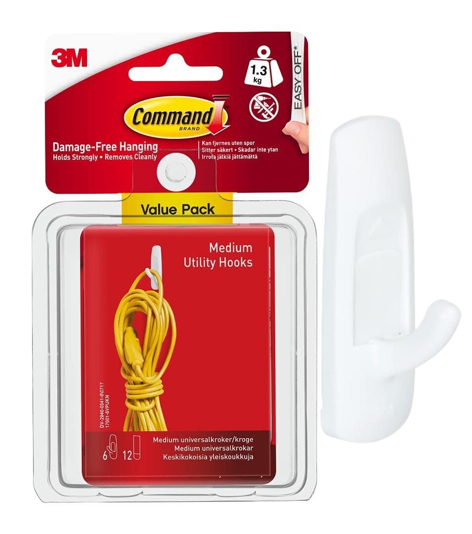 Command Utility Hooks, Medium, 6 Hooks in White and 12 Adhesive Strips - Damage Free Hanging - Holds up to 1.3kg