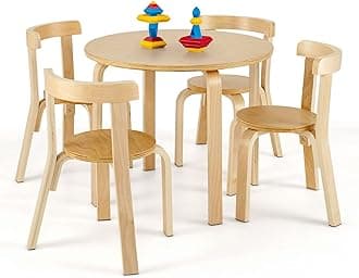 Costzon Kids Table and Chair Set, 5-Piece Wooden Activity Desk Set w/Toy Bricks, Classroom Playroom Daycare Furniture for Playing, Drawing, Reading, Bentwood Toddler Table and Chairs (Natural)