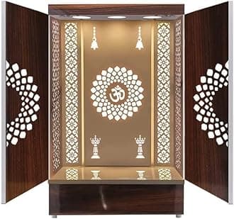 Sharvgun Wooden Temple Brown LED Light for Home and Office|Home Temple|Puja Mandir|Wall Hanging & Table Top Designer Mandir with Doors (24X16X12 in)