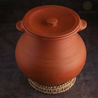 HandMade Exclusive Range Unglazed Clay HotCase/Earthen Pot for Cooking & Serving with Lid(Natural Firing Shade & Mirror Shine) + Free Palm Leaf Stand (2 Liters)