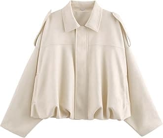 Xunger Women's Faux Suede Bomber Jacket Spring Lapel Pilot Coat Casual Oversized Long Sleeves Trendy Streetwear Outerwear