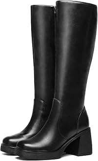 Black Knee High Boots for Women - Platform Tall Boots Square Toe Chunky Block Heeled Gogo Boots B 6.5