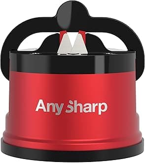 AnySharp Pro Metal Knife Sharpener, Hands-Free Safety, PowerGrip Suction, Sharpens All Kitchen Knives, Ideal for Hardened Steel & Serrated, World's Best, Compact, One Size, Deep Red, Metal