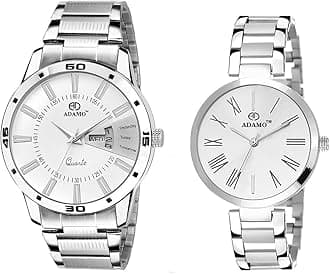 ADAMO Stainless Steel Couple Combo White Dial Men's & Women's Analog Watch A814Sm01-2480Sm01