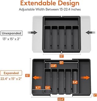 Lifewit Silverware Drawer Organizer, Expandable Utensil Tray for Kitchen, BPA Free Flatware and Cutlery Holder, Adjustable Plastic Storage for Spoons Forks Knives, Large, Black
