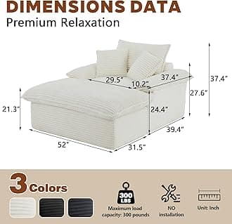 Oversized Chaise Lounge Chair Indoor, Boneless Chaise Lounges with Cup Holders & 3 Pillows, Modern Corduroy Sleeper Sofa Cloud Couch Chair with Wide Arms, No Assembly Required (White, 52")
