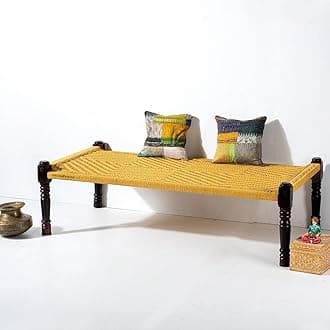 Solid Sheesham Wood Charpai Khat Bed | Wooden Khatiya Charpai Desi | Handcrafted Khatiya Bed with Cotton Rope | Strong Khat for Indoor & Outdoor Use | 6X3 Feet | Yellow