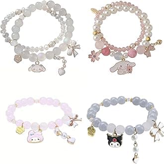 Kawaii Bracelets Set Crystal Beads Pearl Bracelets Cute Cartoon Elastic Beaded Bracelets for Girls Women Friendship Jewelry, Adjustable, Crystal, crystal, Multicolor