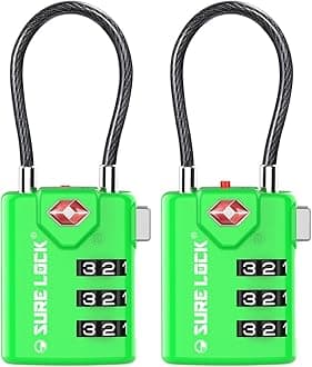 SURE LOCK TSA Approved Combination Luggage Locks with Open Alert Indicator – Durable Zinc Alloy Cable Travel Locks with Large Easy-Read Dials for Suitcases, Backpacks & Gym Bags （Green 2 Pack