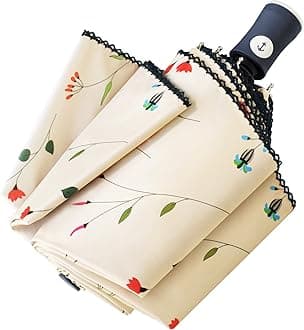Cuby Travel Umbrella Compact Folding Auto Open and Close for Windproof, Rainproof & 99.9% UV Sun Protection Parasol with Black Anti-UV Coating (Flowers)