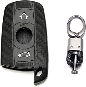 x xotic tech Carbon Fiber Pattern Soft Silicone Key Fob Shell Cover Case w/Keychain, Compatible with BMW 1 3 5 6 Series X5 X6 Z4 2-Button Smart Keyless Entry Key