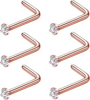 BLESSMYLOVE 316L Surgical Steel 22g/20g/18g Nose Rings Studs L-Shape Nose Nostrial Piercing Body Jewerly L Shaped Nose Studs 1.5mm 2mm 2.5mm 3mm CZ Nose Screw Studs Rings for Women