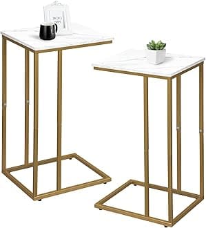C Shaped End Table Set of 2, Small Side Table for Sofa and Bed, Couch Tables That Slide Under, Snack Side Table for Living Room, Bedroom, White Faux Marble and Gold