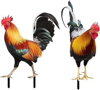 2PC Rooster Chicken Yard Art Acrylic Outdoor Rooster Decorations, Outdoor Garden Statues Rooster Chicken Ornaments, Patio Yard Poultry Art for Backyard, Lawn, Pathway, Lawn, Garden Decoration