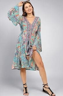 KE KANHA EXPORTS Dress for Woman|Boho Dresses for Women|Beach Wear|Border Print|Adjustable Tassel at Waist|Vacation Boho Casual|Multicolor|Easily fits S-M-L|Bust 32-38 in|Length 40 in