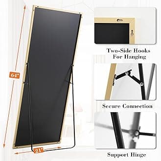 DUMOS Full Length Mirror with Stand, 64"x21" Floor Mirror with Aluminum Alloy Frame for Bedroom, Standing Full Body Mirror with Shatter-proorf Nano Glass for Wall, Living Room, Cloakroom (Gold)