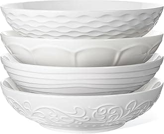Pasta Bowls 32oz, Ceramic Large Salad Bowls 8 inch, Soup Bowls Set of 4, White Serving Bowls for Entertaining, Wide Shallow Dinner Bowls Plates, Microwave Dishwasher Oven Safe, Multiple Pattern