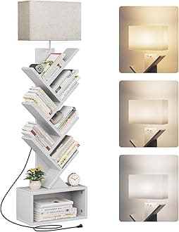 6 Tier Tree Bookshelf with Light, Narrow Bookcase Tower, Tall Floor Standing Book Shelf Organizer with Storage Cabinet for Living Room, Bedroom and Home Office, White