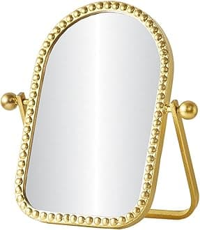 HuiDao Vintage Vanity Table Mirror, Desk Makeup Mirror Metal Framed with Stand, Gold Arched Retro Mirrors 360 Adjustable Rotation for Tabletop, Bedroom, Bathroom, Living Room, Antique 10.8'' x 7''