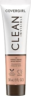 COVERGIRL Clean Invisible Foundation Makeup, Dewy & Glowy Natural Finish, Buildable Coverage, Skin-Like Smooth Look, Vegan, Perfect Beige, 1oz