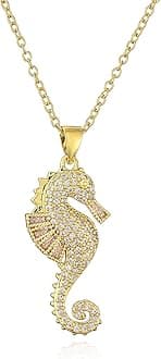 18K Gold Plated CZ Zircon Seahorse Pendant Necklace For Women 17.7"+2"