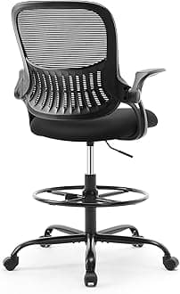 Sweetcrispy Tall Drafting Desk Chair - Ergonomic High Stool Computer with Adjustable Height and Comfy Lumbar Support, Office Rolling Counter with Flip-up Arm and Footrest, Black