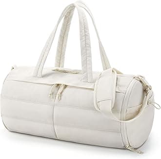 Puffer Gym Bag for Women, Lightweight Duffel Bag with Shoe Compartment, Weekender Bags with Wet Pocket, Workout Overnight Carry on Bag for Travel, Beige