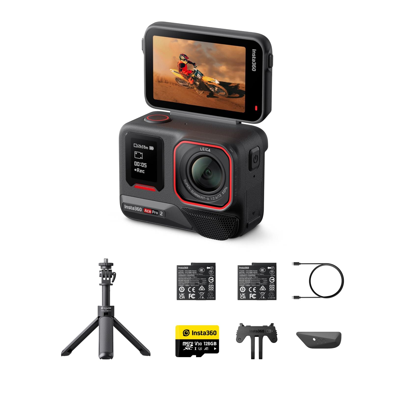 Ace Pro 2 Get-Set Bundle - 8K Waterproof Action Camera Co-Engineered with Leica, 1/1.3" Sensor, Dual AI Chip, Leading Low Light, Superior Audio, Flip Screen & AI Editing for Vlogs