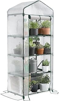 VOUNOT® 4 Tier Mini Greenhouse Outdoor with Shelves, Portable Plastic Garden Greenhouse for Plants, Seedlings and Herbs, Small Growhouse for Patio Balcony, White, 69x49x160cm