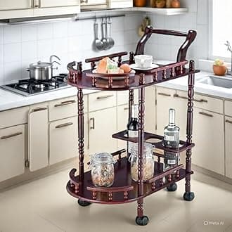 SWANKY Wooden Bar Serving Cart Trolley MDF Wooden Double-Layer Movable Tables Wheels Kitchen cart with Wheels