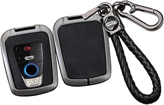 SANRILY Metal Leather 4 Button Smart Key Fob Cover Compatible with BMW i8 2014-2022 i3 Accessories Keyless Anti-Scratch Key Fob Protector with Weave Keychain Black